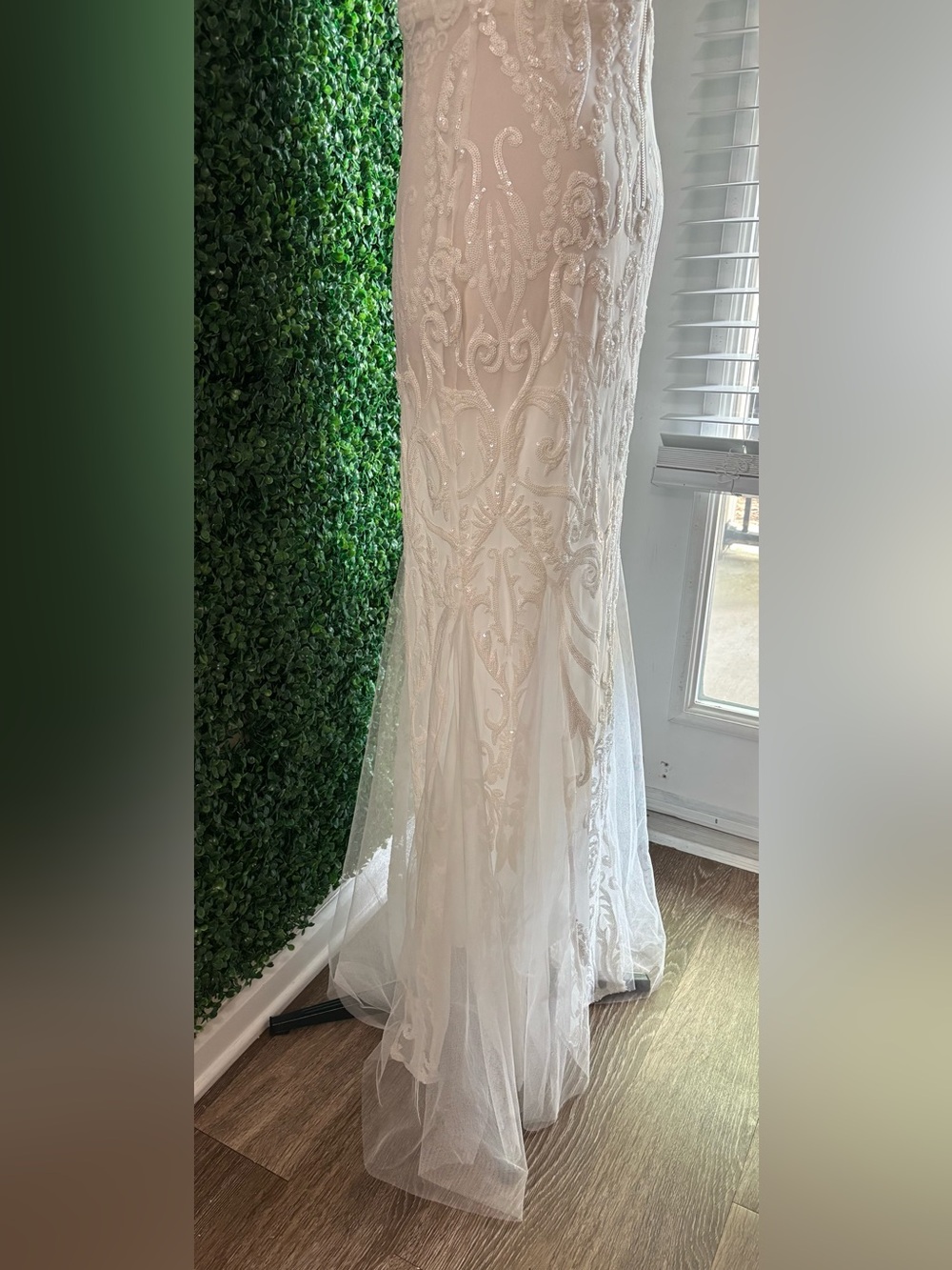 Beaded XL Ivory Mermaid Wedding Dress Art Deco Embroidered Lace Bridal Gown - Picture 8 of 9